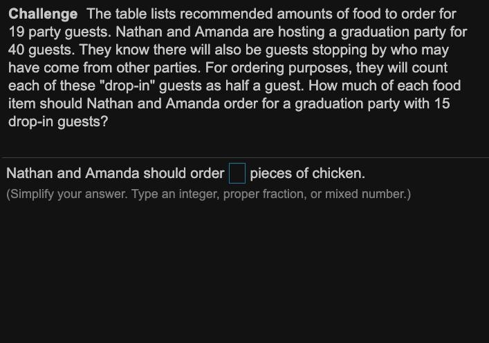 Party Food Item Amount Fried Chicken 24 pieces Deli Meats 3 2/3 pounds Lasagna 11 3/4 pounds-example-1