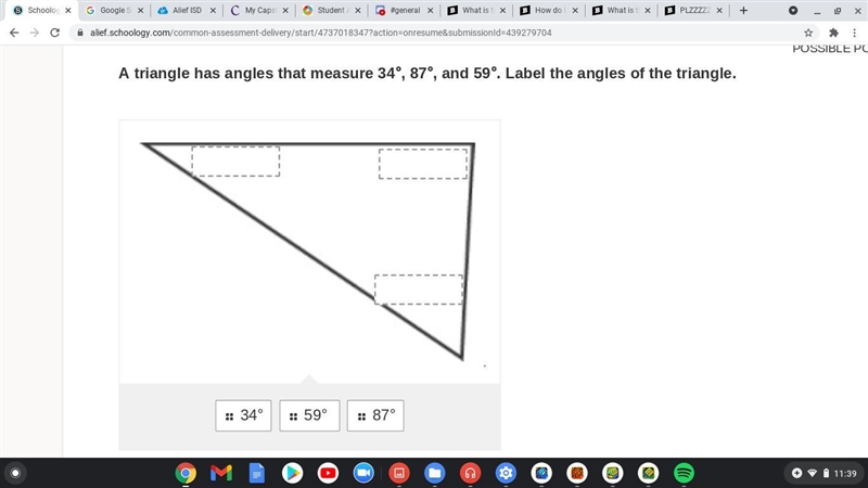 A triangle has angles that measure 34°, 87°, and 59°. Label the angles of the triangle-example-1