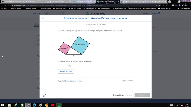 im failing lol help The areas of the squares adjacent to two sides of a right triangle-example-1