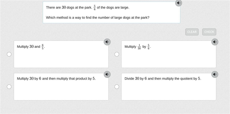 There are 30 dogs at the park. 5/6 of the dogs are large. Which method is a way to-example-1