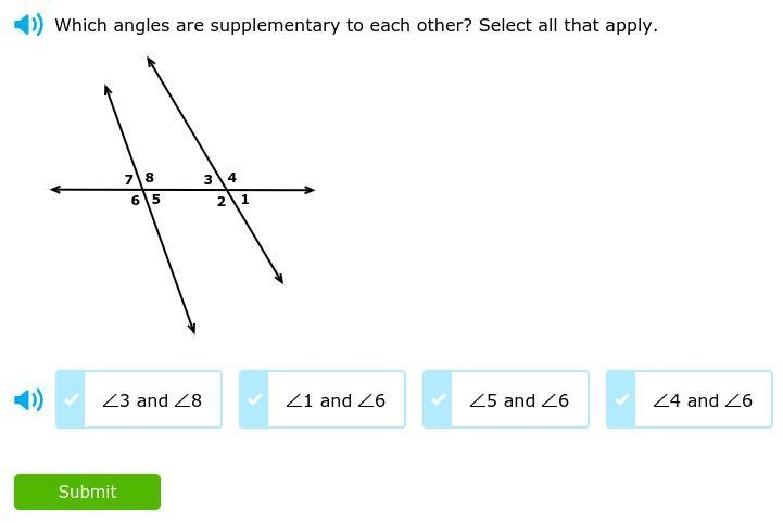 Which angles are supplementary to each other ? Select all that apply-example-1