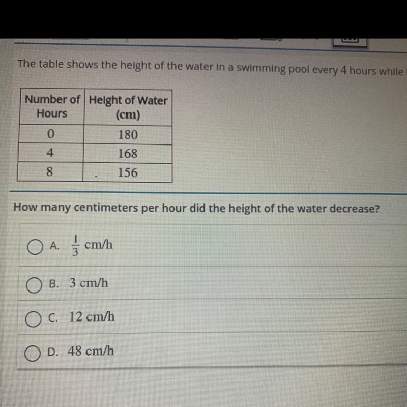 The table shows the height of the water in a swimming pool every 4 hours while it-example-1