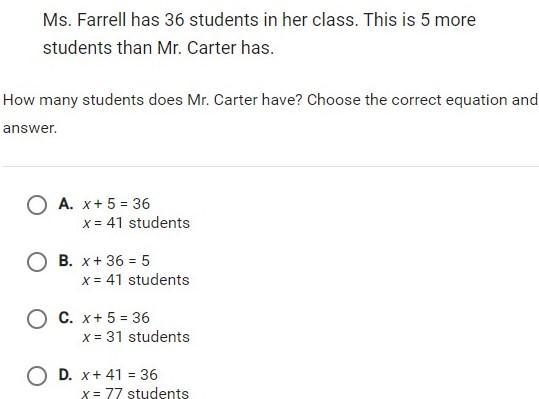 How many students does Mr. Carter have? Choose the correct equation and answer.-example-1