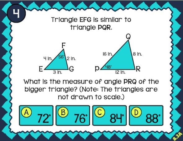 What is the measure of angle PRQ of the bigger triangle? (Note: The triangles are-example-1