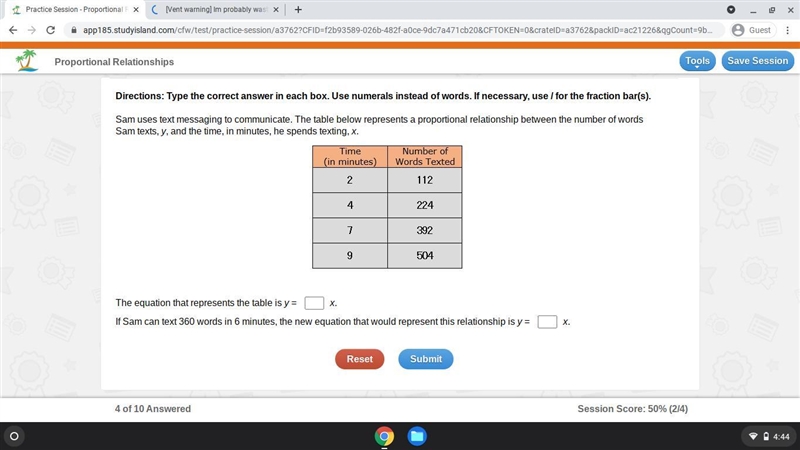 Sam uses text messaging to communicate. The table below represents a proportional-example-1