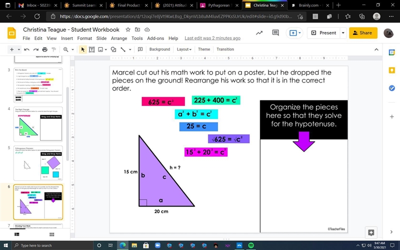 Organize the pieces here so that they solve for the hypotenuse-example-1