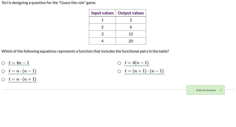 Teri is designing a question for the "Guess the rule" game. Input values-example-1