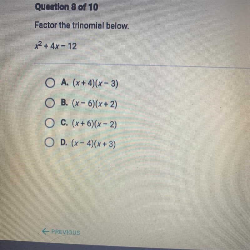 Factor the trinomial x^2 + 4x - 12-example-1