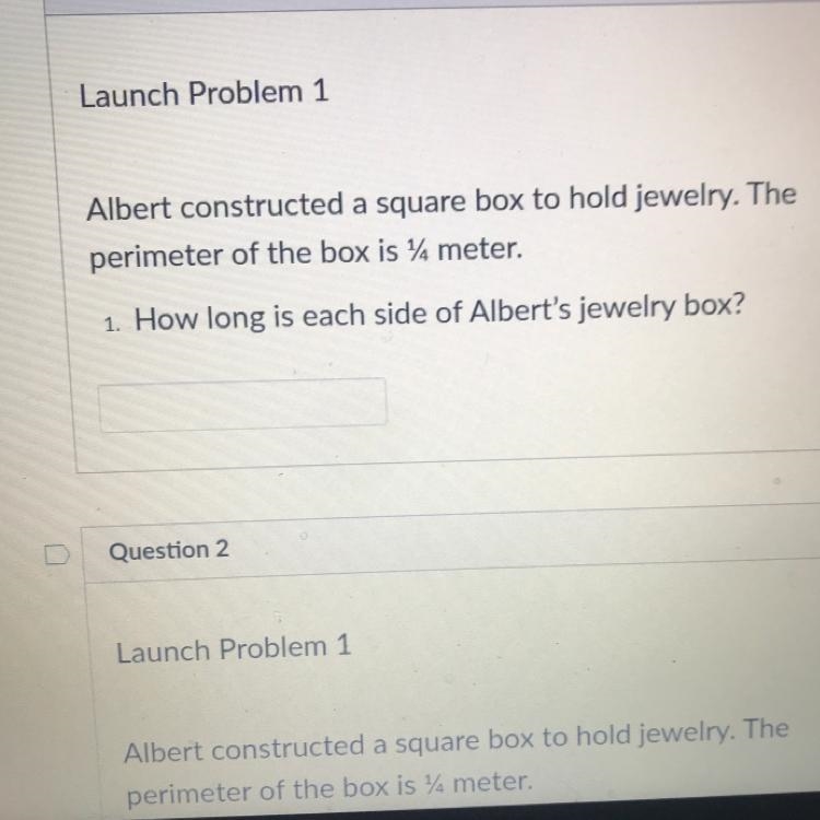 Albert constructed a square box to hold jewelry. The perimeter of the box is 94 meter-example-1