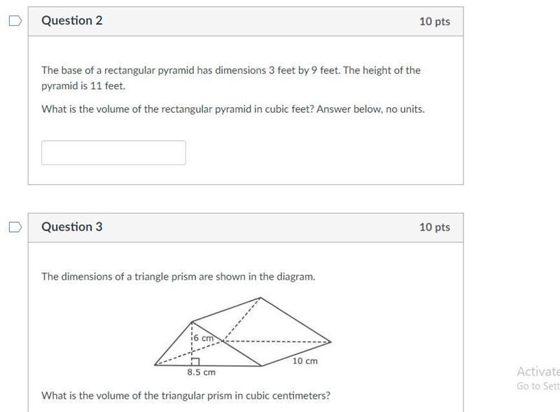 2.The base of a rectangular pyramid has dimensions 3 feet by 9 feet. The height of-example-1