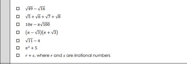 Please help! Select all of the following expressions that result in a rational number-example-1