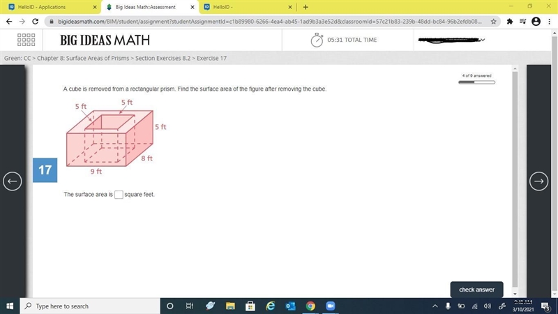 A cube is removed from a rectangular prism. Find the surface area of the figure after-example-1