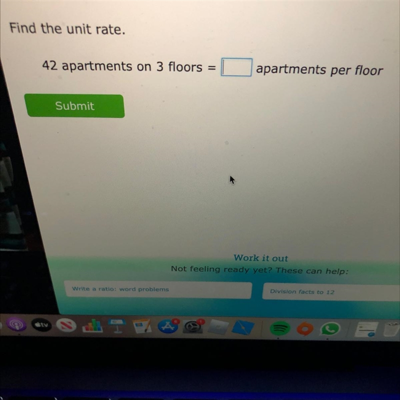 Find the unit rate. 42 apartments on 3 floors apartments per floor-example-1