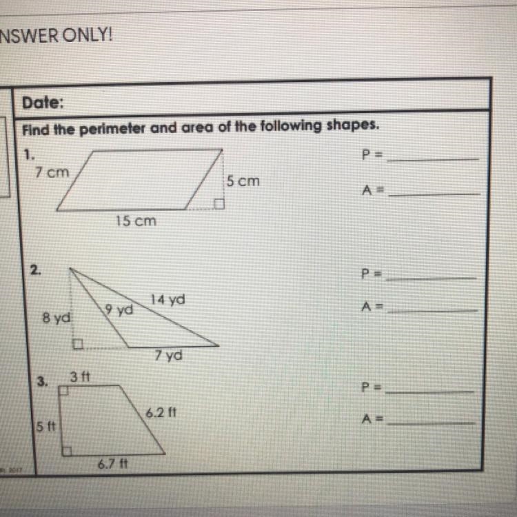 Uh help pls lol Numerical answers only Find the area and perimeter-example-1