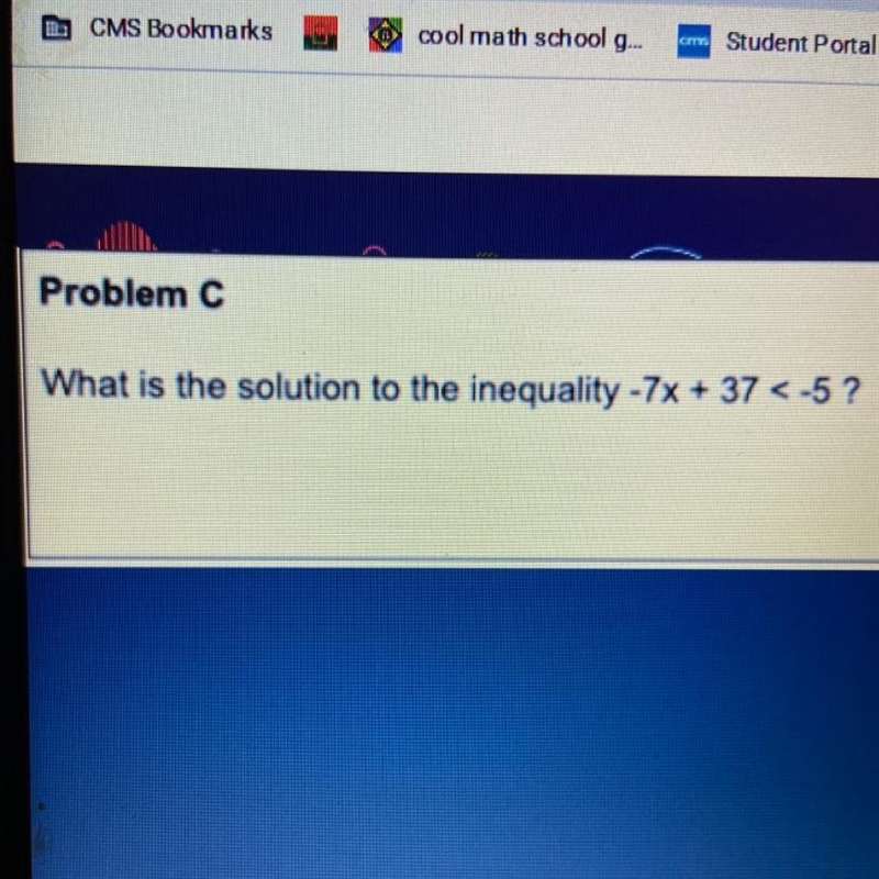 What is the solution to the inequality -7x+37<-5 ?-example-1