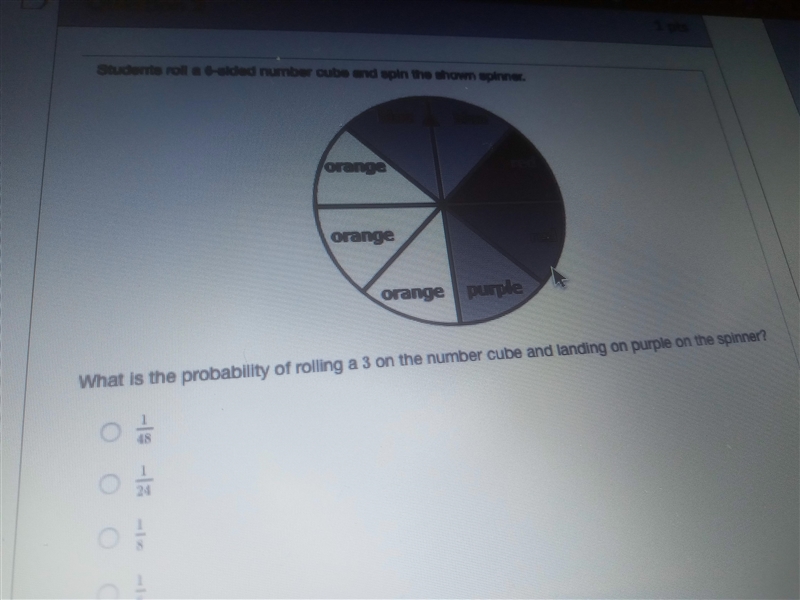 What is the probability of rolling a 3 on the number cube and landing on purple on-example-1