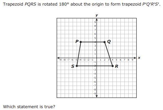 Trapezoid PQRS is rotated 180 degrees about the origin to form trapezoid P'Q'R'S Which-example-1