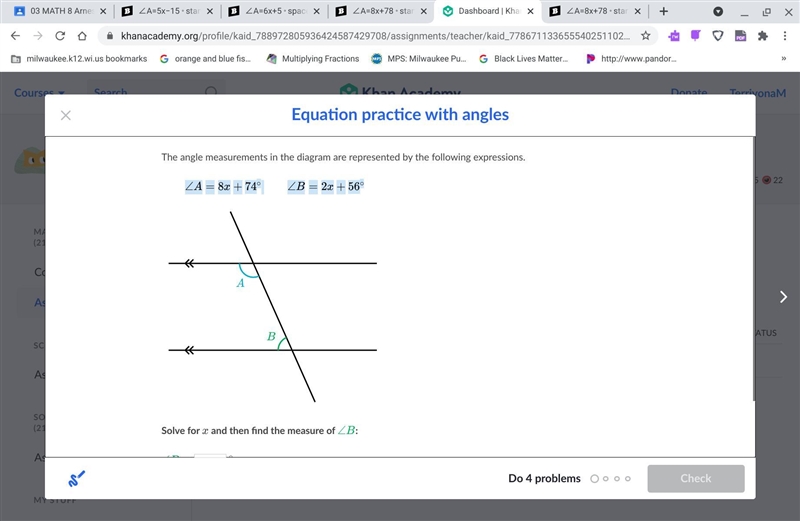 ∠A=8x+74 ∘ start color #11accd, angle, A, end color #11accd, equals, start color #11accd-example-1