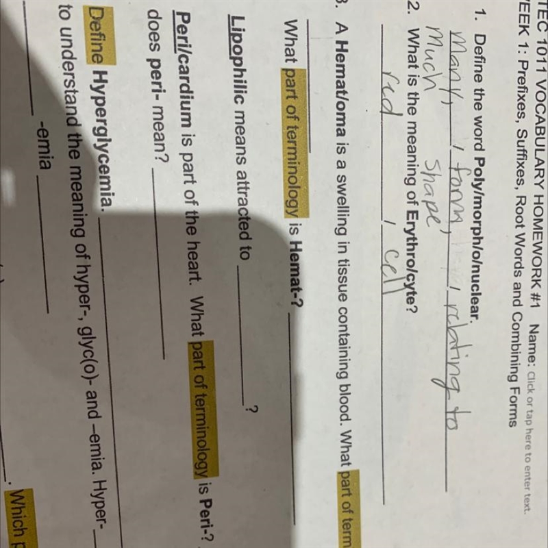 3. A Hemat/oma is a swelling in tissue containing blood. What part of terminology-example-1