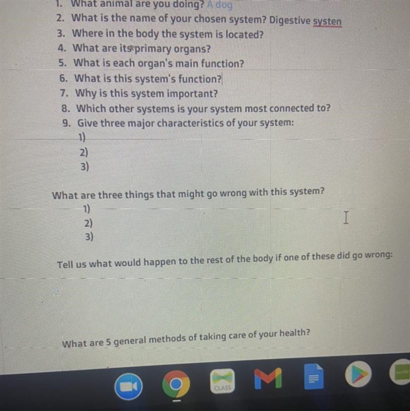 1. What animal are you doing? A dog 2. What is the name of your chosen system? Digestive-example-1