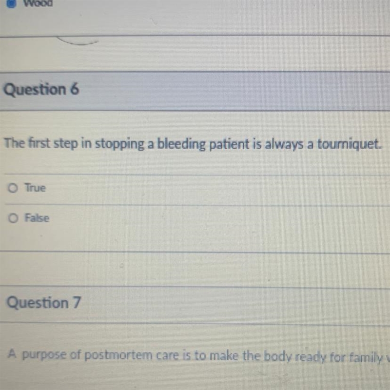 The first step in stopping a bleeding patient is always a toumiquet. TRUE OR FALSE-example-1