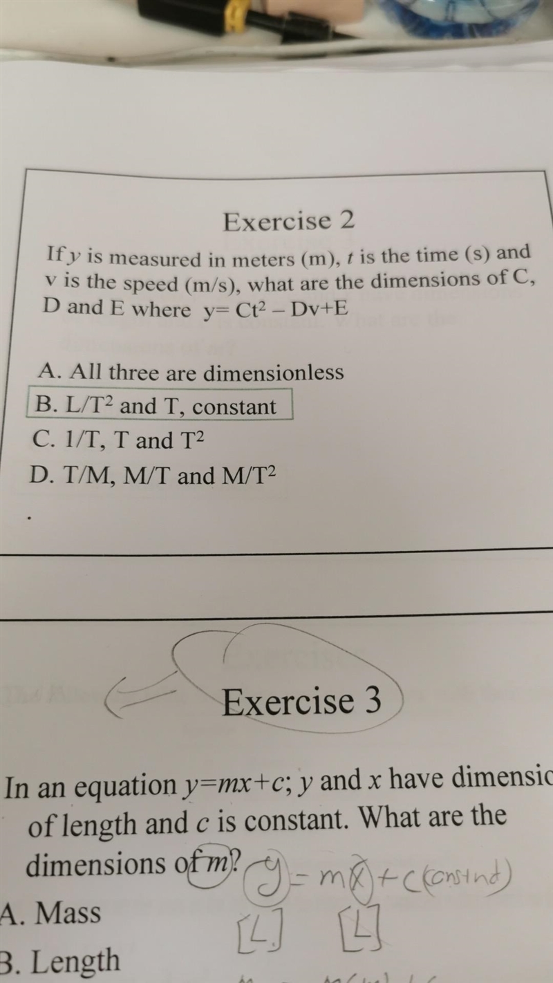 Exercise 3 In an equation y mx+c; y and x have dimensions of length and c is constant-example-1