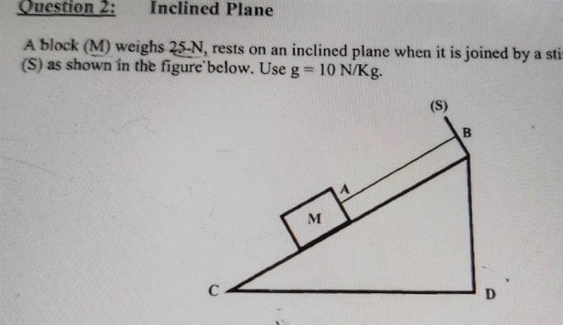 Question 2: Inclined Plane A block (M) weighs 25-N, rests on an inclined plane when-example-1