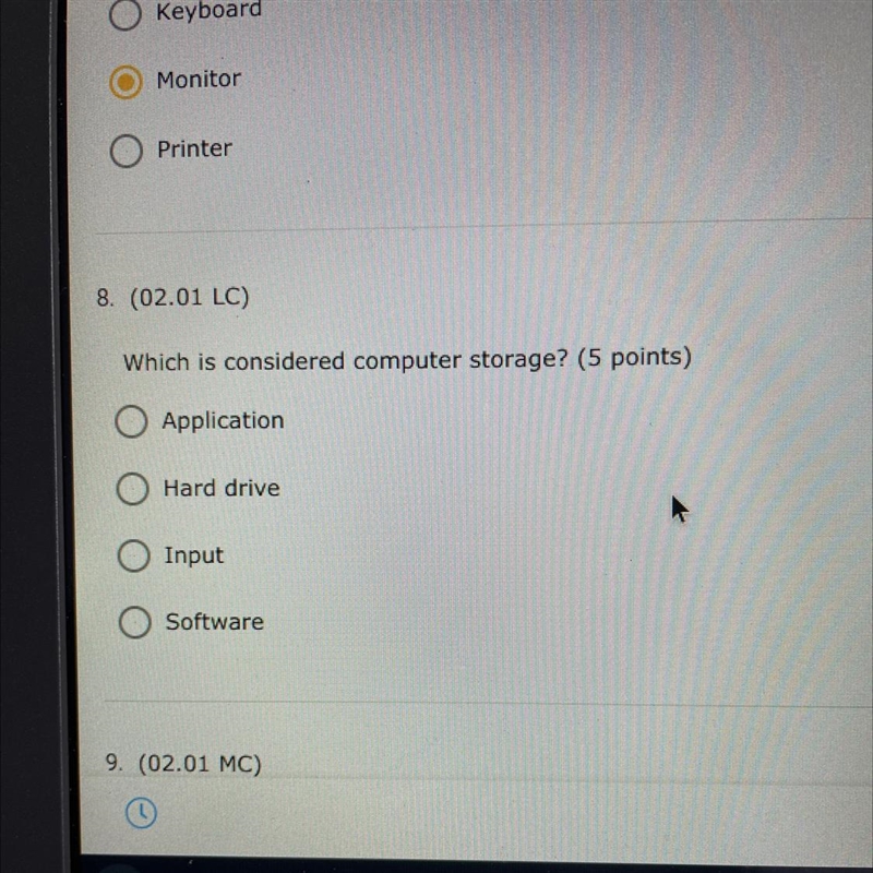 Which is considered computer storage￼ The options are application Hard drive input-example-1