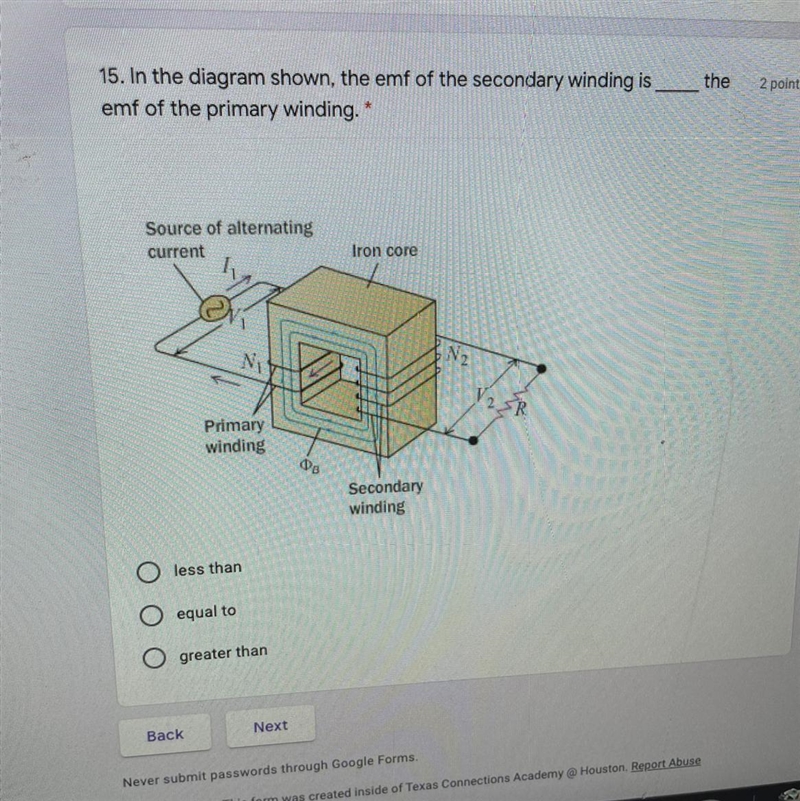 15. In the diagram shown, the emf of the secondary winding is______ the emf of the-example-1