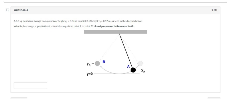 A 3.0 kg pendulum swings from point A of height ya = 0.04 m to point B of height yb-example-1