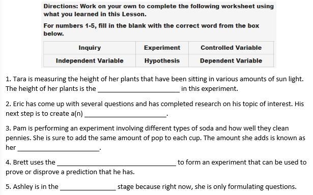 50 Points, It is about Inquiry, Experiment, Controlled Variable, Independent Variable-example-1