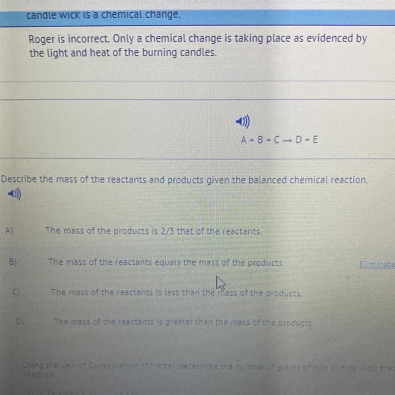 0) A-B-C-D-E Describe the mass of the reactants and products given the balanced chemical-example-1