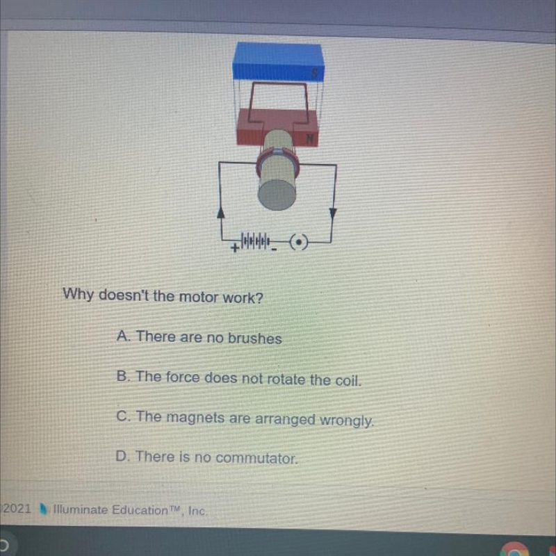 Why doesn't the motor work? A. There are no brushes B. The force does not rotate the-example-1