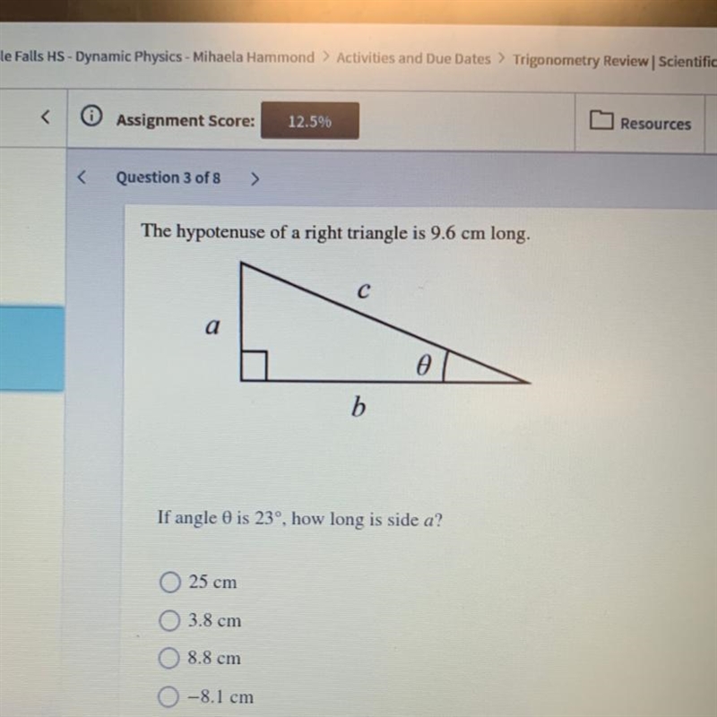 The hypotenuse of a right triangle is 9.6 cm long.-example-1