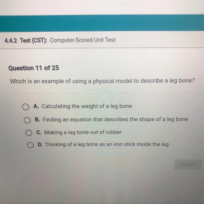 Which is an example of using a physical model to describe a leg bone?-example-1