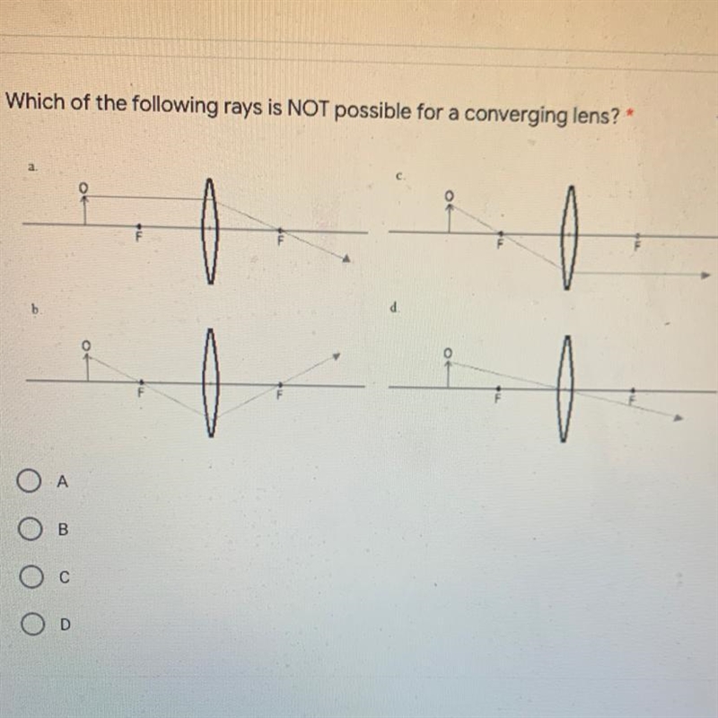 Which of the following rays is NOT possible for a converging lens?-example-1