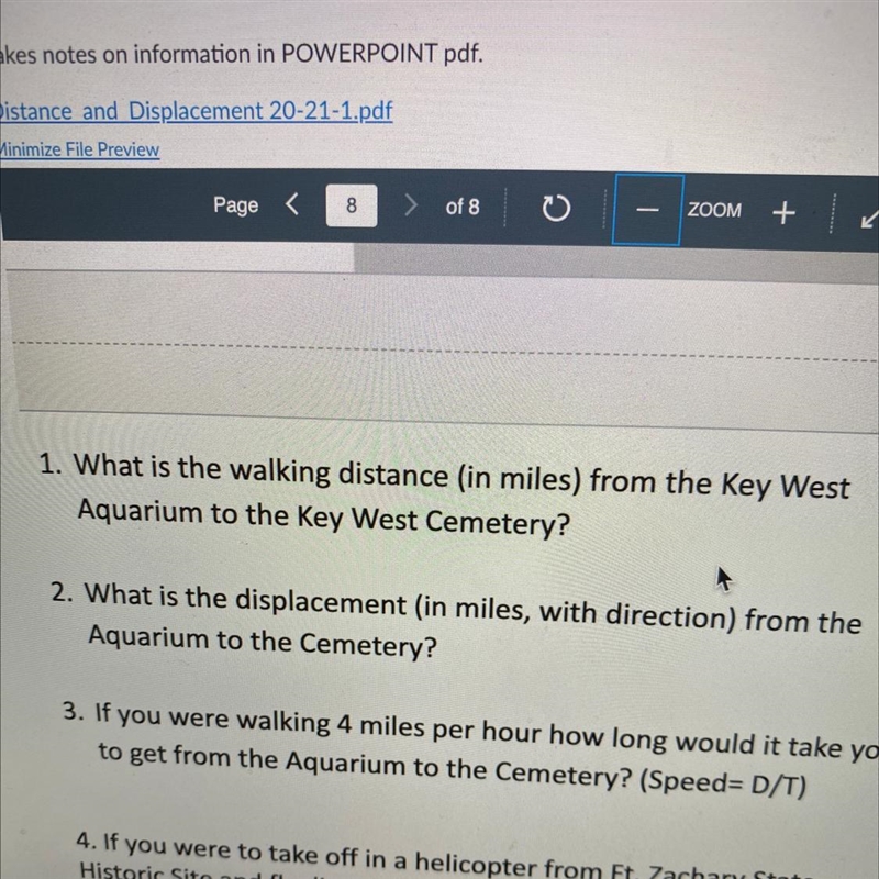 What is the displacement (in miles, with direction) from the Aquarium to the Cemetery-example-1