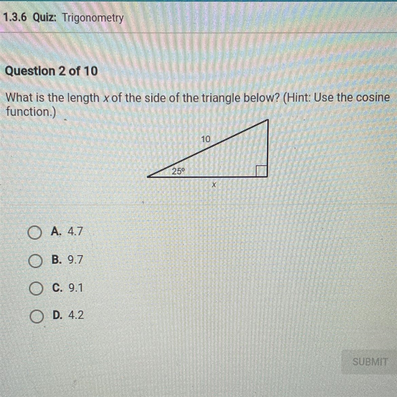 What is the length of x of the side of the triangle below?-example-1