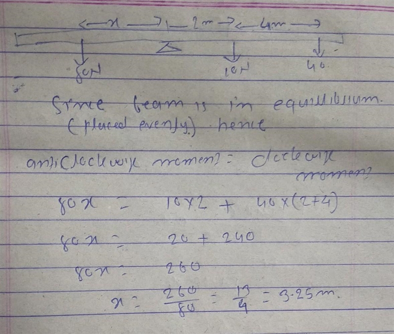 a bean is placed evenly on a pivot point (fulcrum) on one side of 10N weight is placed-example-1