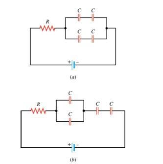 Four identical capacitors are connected with a resistor in two different ways. When-example-1