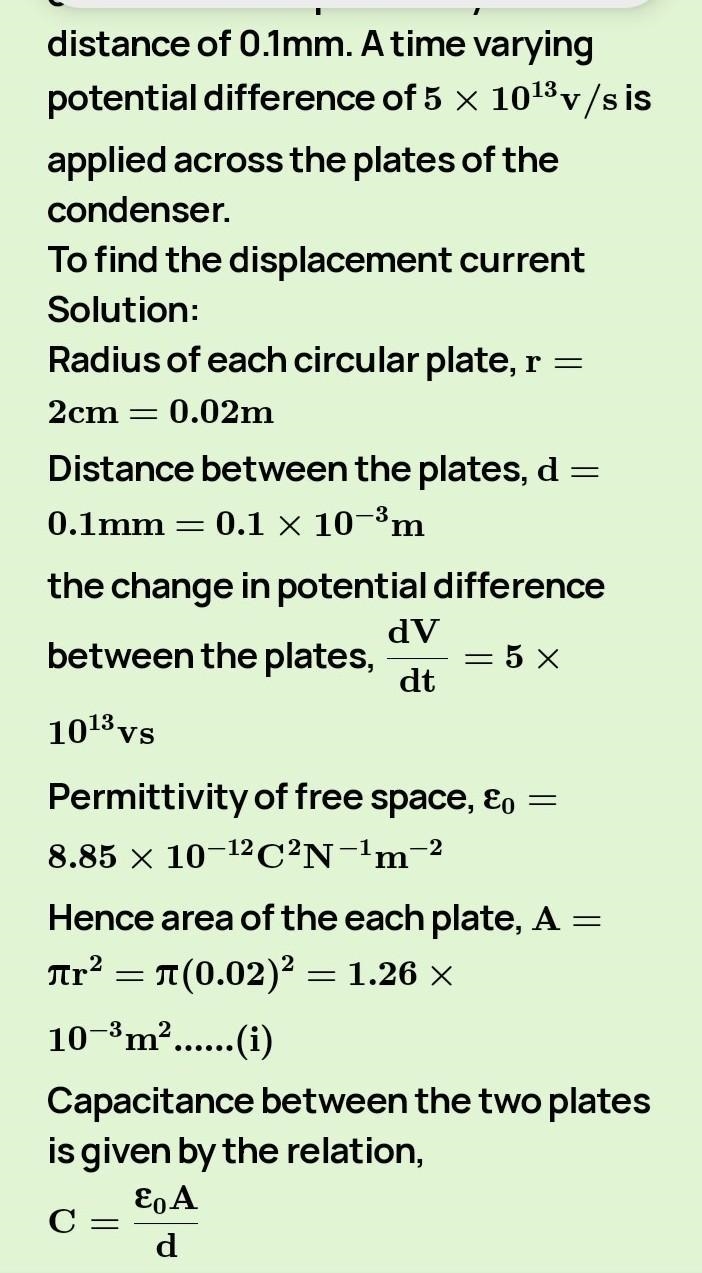 A parallel plate air capacitor has a circular disc of diameter 0.1 m, 2 mm apart and-example-1