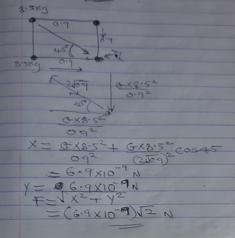 Four 8.5-kg spheres are located at the corners of a square of side 0.90 m. A. Calculate-example-1