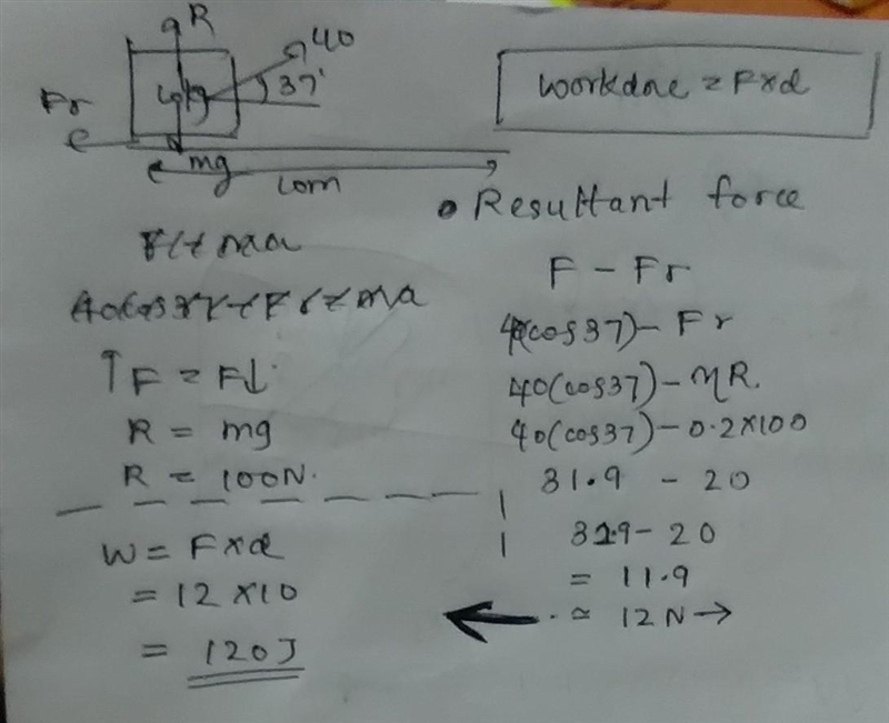 A man pushes a 10-kg block 10 m, along a rough, horizontal surface with a 40-N force-example-1