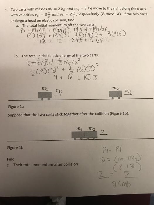 Two carts collide and have a perfectly inelastic collision. Cart1 has a mass of 500 grams-example-1