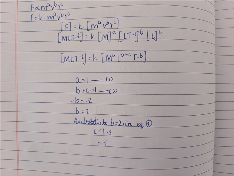 If the centripetal force is of the form m^a v^b r^c, find the values of a, b and c-example-1