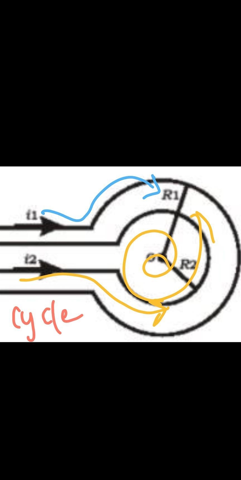 Two circular, concentric and coplanar turns of radii R1 = 30 cm and R2 = 20 cm are-example-1