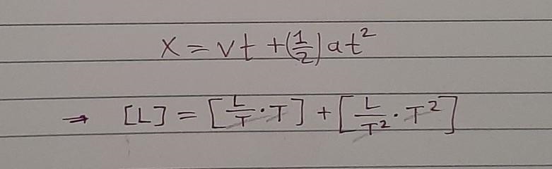 Finding Dimensional Formula For x=vt+1/2at is​-example-1