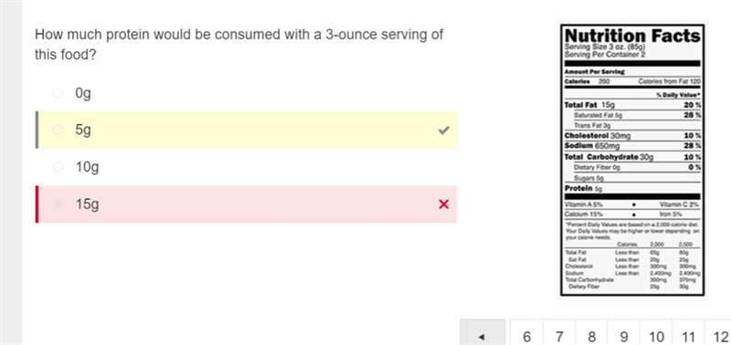 How much protein would be consumed with a 3-ounce serving of this food? A. 0g B. 5g-example-1