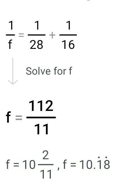 8. When an object is 28 cm in front of a concave mirror, the image is 16 cm in front-example-1