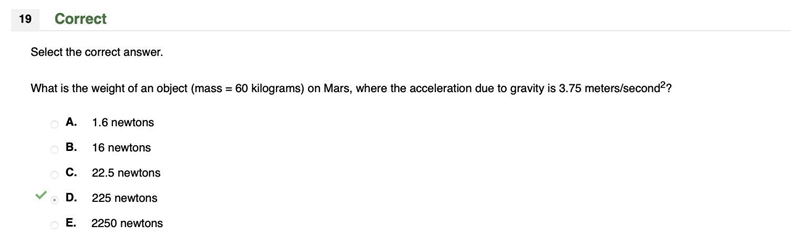 What is the weight of an object (mass = 60 kilograms) on Mars, where the acceleration-example-1